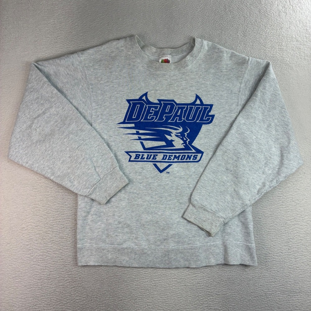 Vintage DePaul University Crewneck Sweatshirt Men M Gray Boxy Fruit Loom 90s Y2K